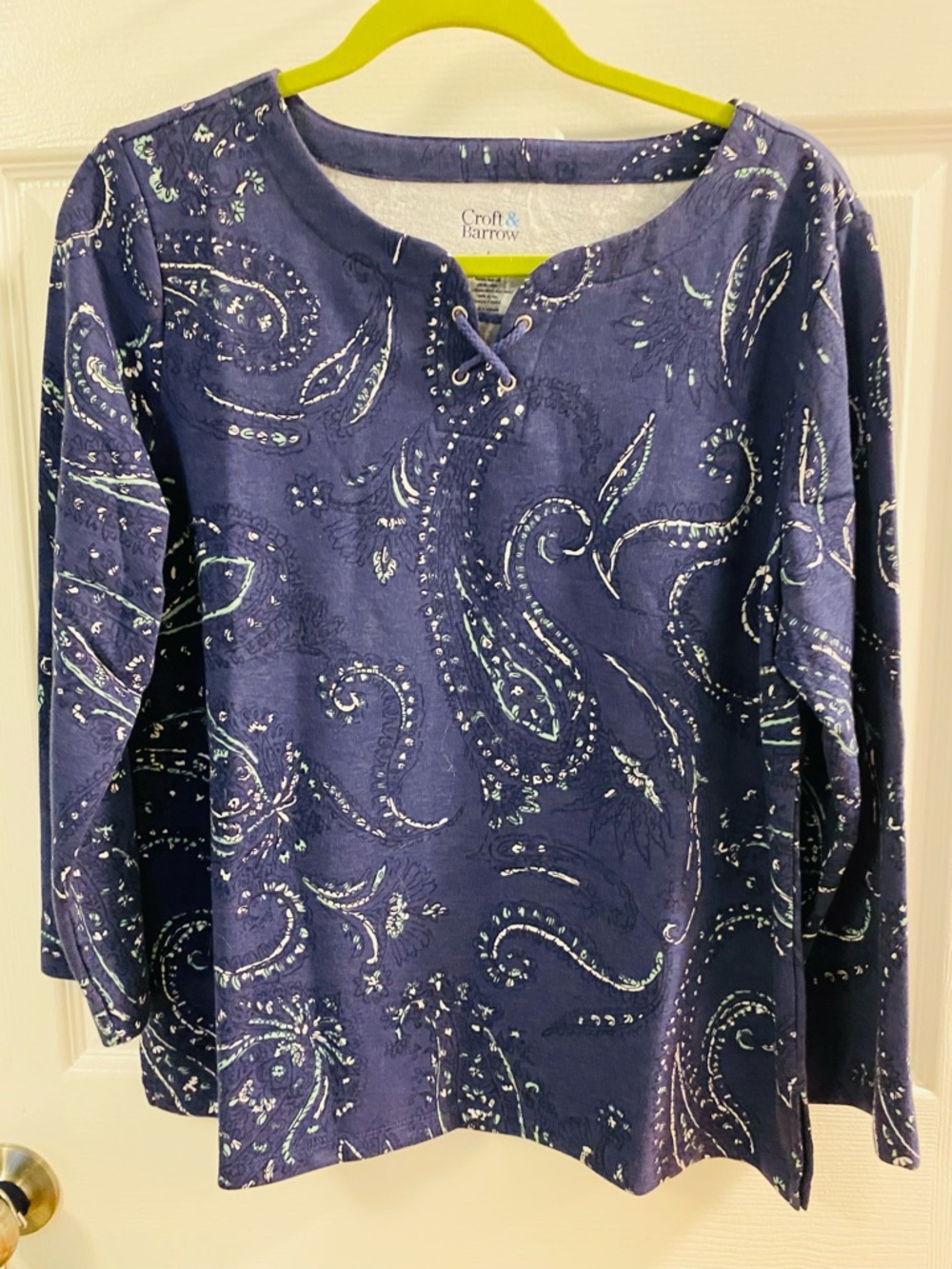 Croft & Barrow Navy Paisley Long-Sleeve Tee with Front Tie